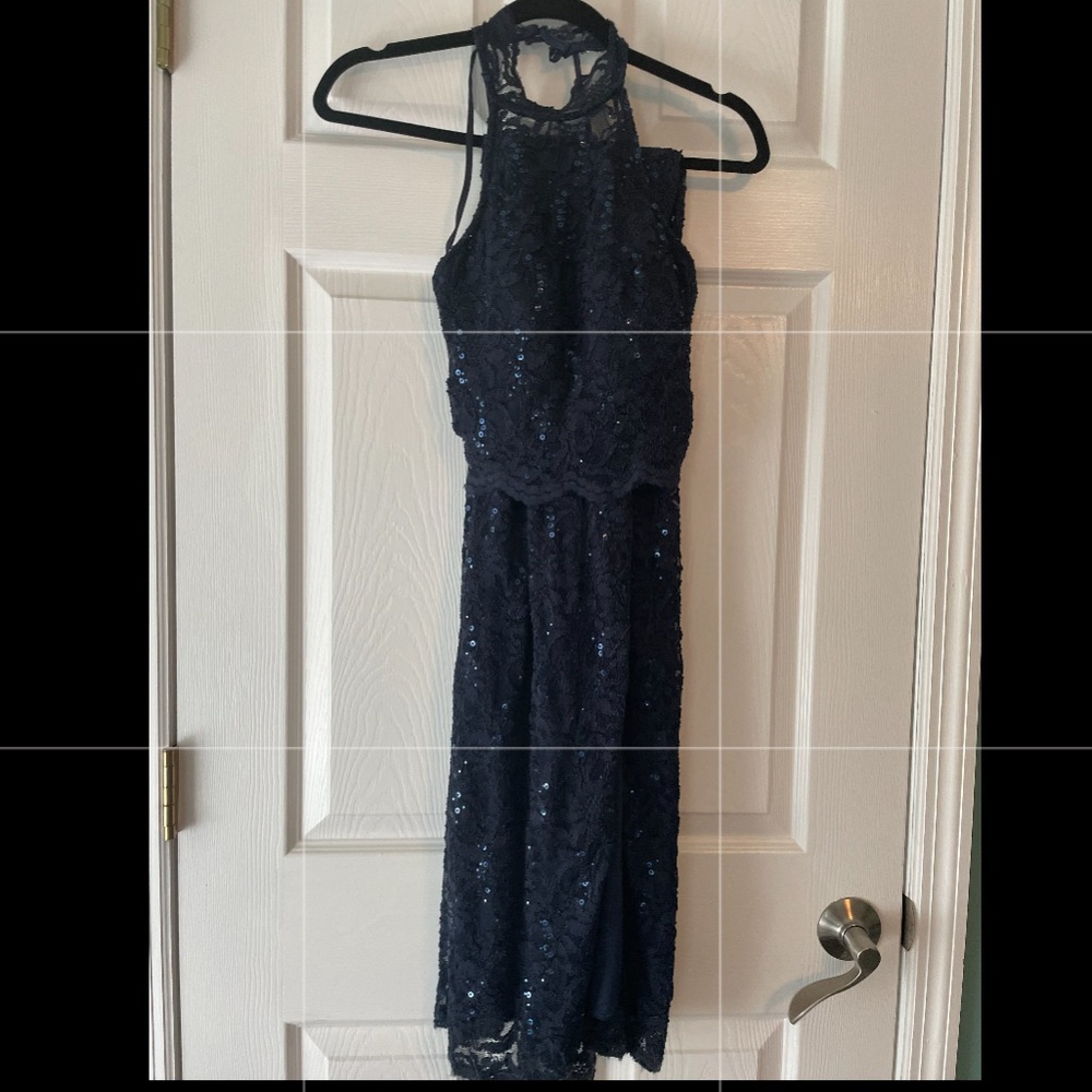 2 piece Navy prom dress with tight crop top into mermaid skirt with slit